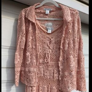 Vintage 90s Deadstock Pink Crochet Dress and Cardigan by Newport News